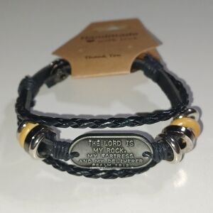 Inspirational Unisex Black Leather Adjustable Bracelet W/ Silver & Gold Accents